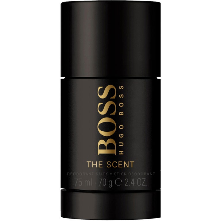 Hugo Boss The Scent 75 ml deodorantstick som ger fräschör i en matt svart hylsa med elegant vertikal logotyp i guld.