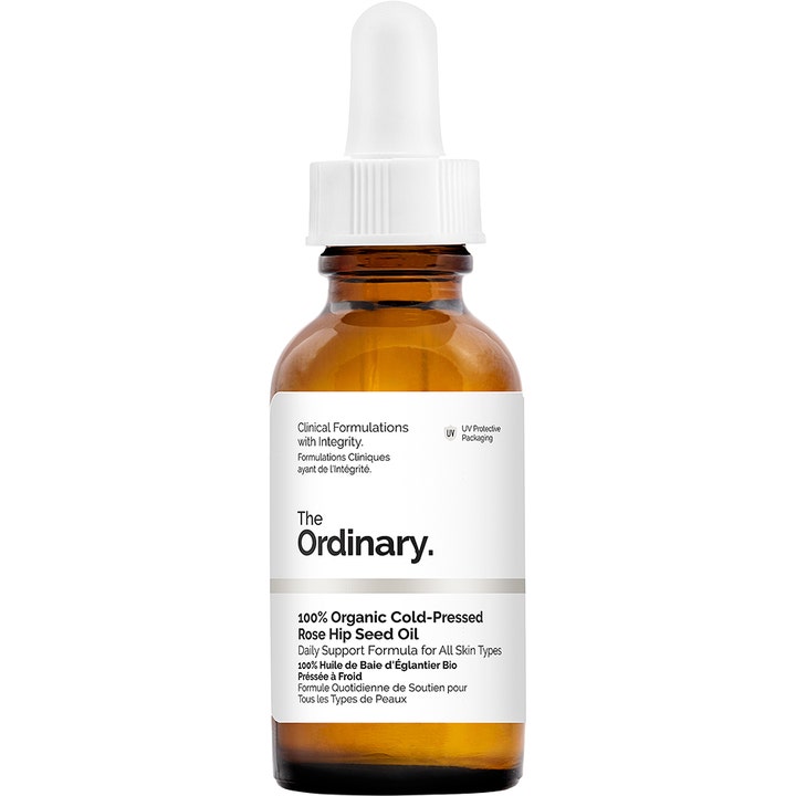 The Ordinary Rose Hip Seed Oil 30ml ekologisk ansiktsolja med nyponfröolja för hudföryngring i brun glasflaska med vit pipett