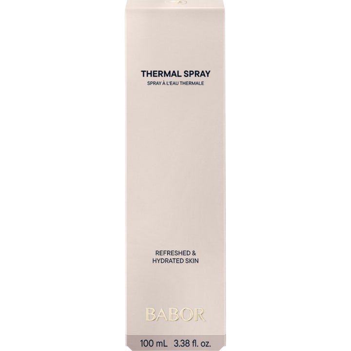 Babor Thermal Spray 100 ml återfuktande face mist i vit ytterkartong med texten For Every Skin Type.