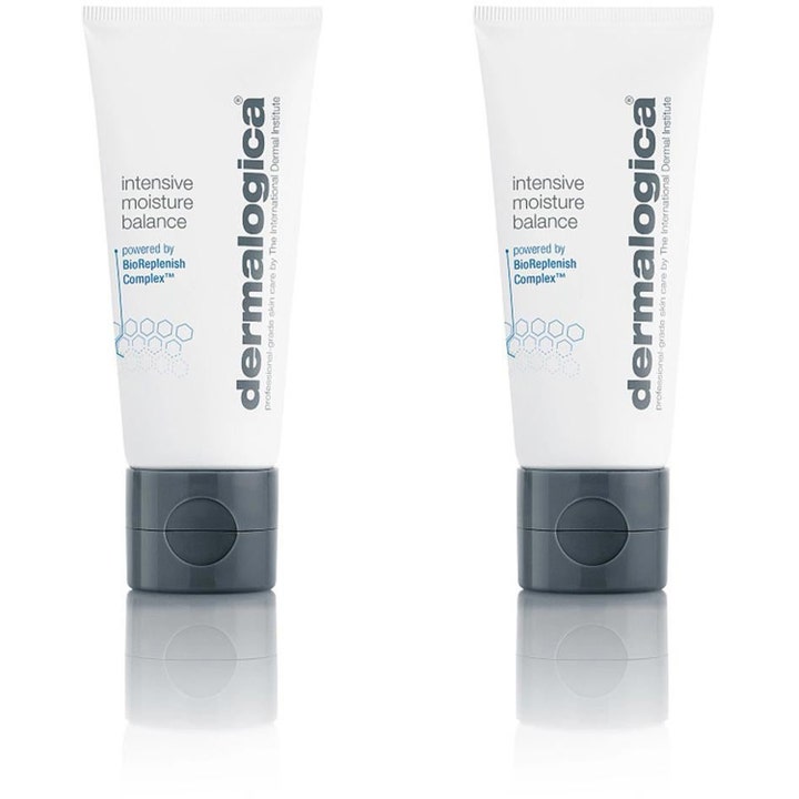 Dermalogica Intensive Moisture Balance närande ansiktskräm i två vita tuber med grå lock som ger fukt