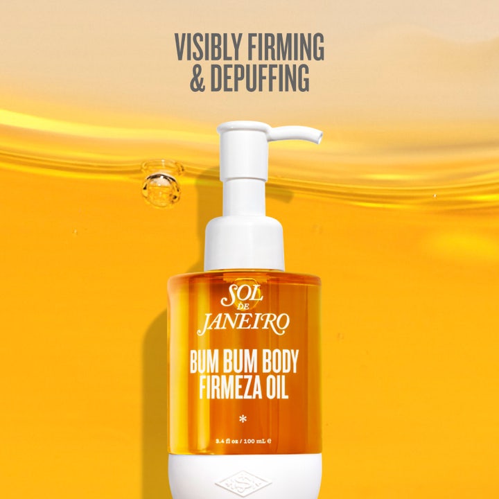 Sol de Janeiro Bum Bum Body Firmeza Oil 100 ml fastare hud behandling i flaska med vit pump och texten firming.