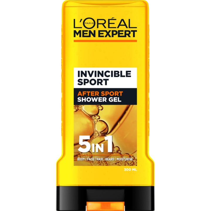 L'Oréal Men Expert Invincible Sport 300 ml duschgel med kamfer i en gul flaska med svart lock.