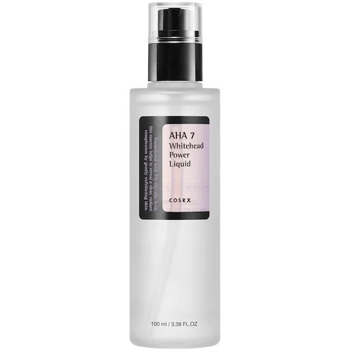 COSRX AHA 7 Whitehead Power Liquid 100 ml aha exfoliering ansiktsvatten i frostad flaska med svart pump och lock
