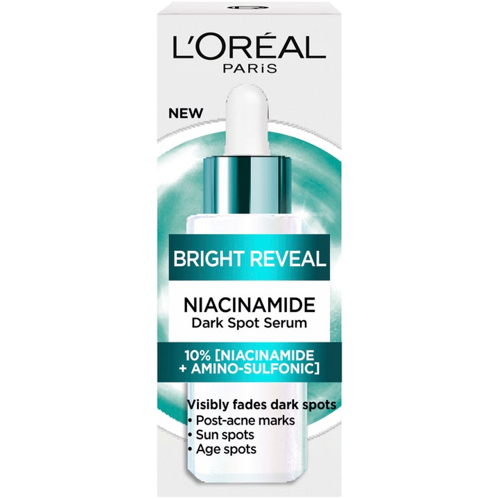 L'Oréal Paris Bright Reveal Niacinamide UV Serum 30 ml ger pigmentreducering i vit kartong med turkos grafik.