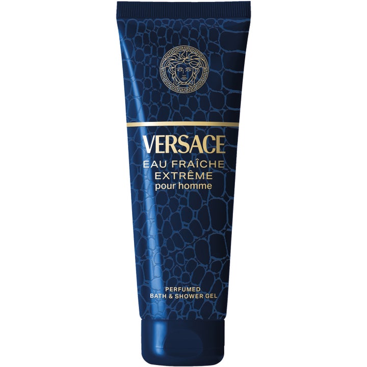 Versace Eau Fraîche Extrême 200 ml parfumerad duschgel i mörkblå tub med ett lyxigt krokodilmönster.