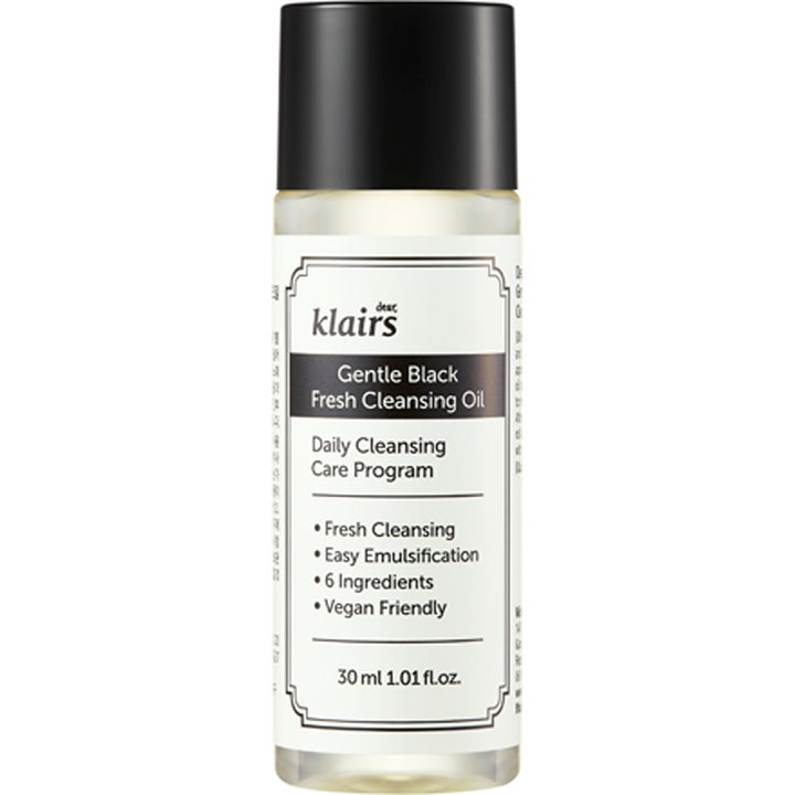 Klairs Gentle Black Fresh Cleansing Oil 30 ml växtbaserad ansiktsrengöring i genomskinlig flaska med svart lock