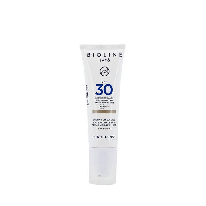 Bioline Jatò Sundefense Face Fluid Cream SPF 30 anti-aging ansiktskräm i vit tub som skyddar och reparerar huden.