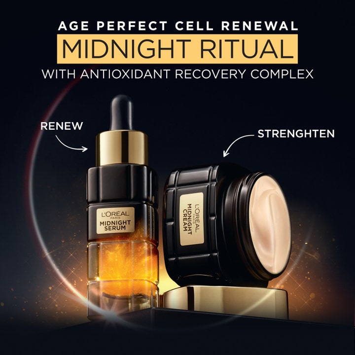 L'Oréal Paris Midnight Cream 50 ml age perfect nattkräm och serum i glasburk som stärker och ger cellförnyelse.