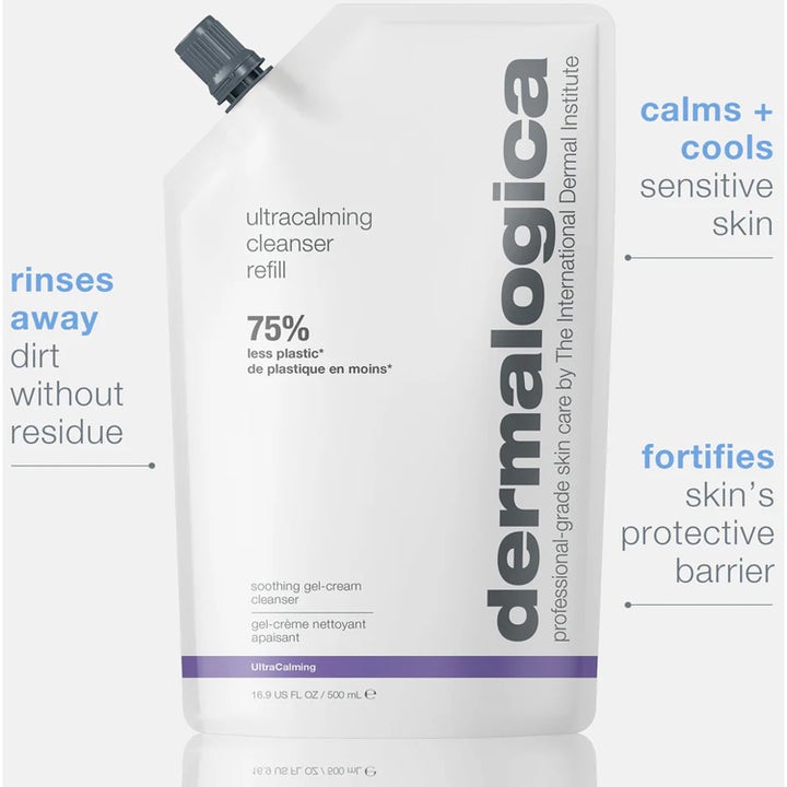 Dermalogica UltraCalming Cleanser 500 ml lugnande rengöringsgel i vit refillpåse som stärker hudens barriär.