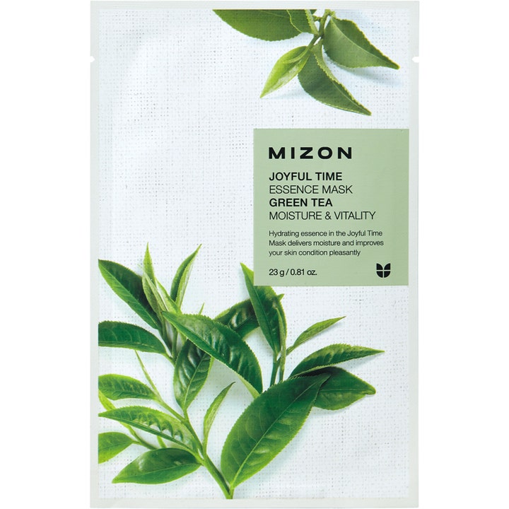 Mizon Joyful Time Essence Mask Green Tea 23 g återfuktande essence ansiktsmask med antioxidanter i vit sachet med teblad