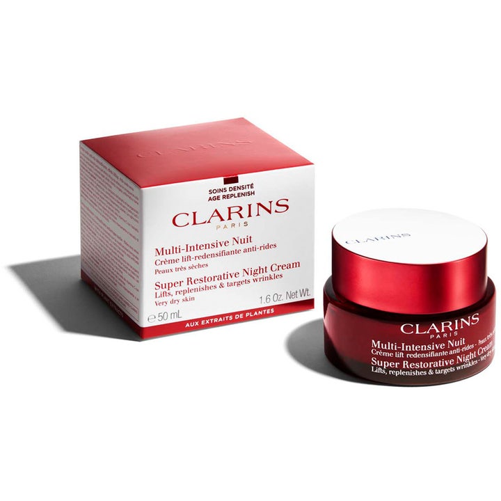Clarins Super Restorative Night Cream 50 ml återfuktande nattkräm i röd glasburk med vitt lock och ytterkartong