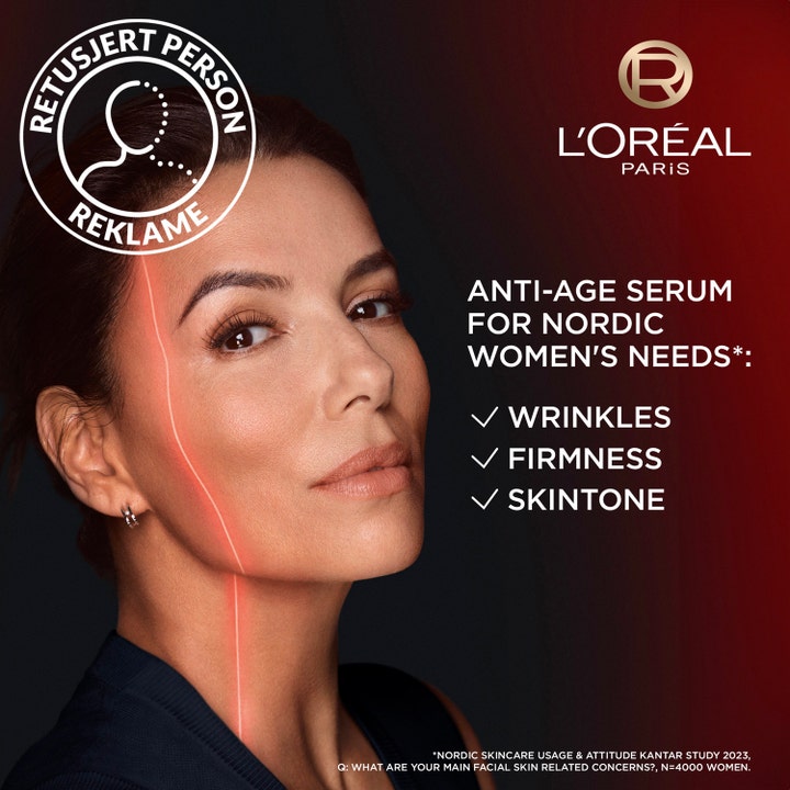 L'Oréal Paris Revitalift Laser 30 ml anti-rynk peptid serum visas på en kvinna med en röd laserlinje på huden.