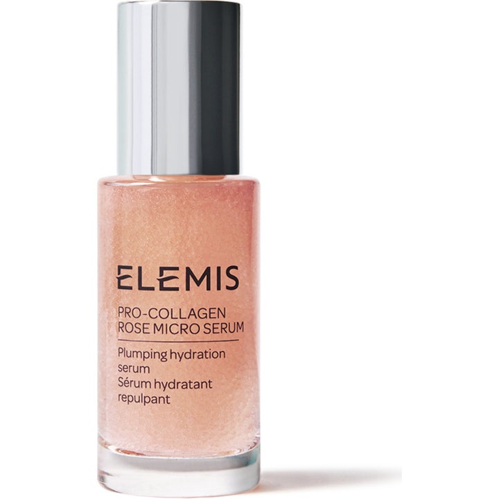 Elemis Pro-Collagen Rose Micro Serum 30 ml plumperande serum med ros i glasflaska med silverlock och rosa skimmer.