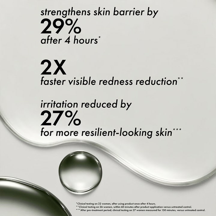 Origins Mega-Mushroom 200 ml lugnande lotion med infografik om minskad rodnad och stärkt hudbarriär över klar vätska.