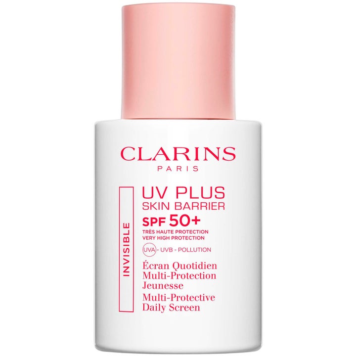 Clarins UV Plus Skin Barrier SPF 50+ solskydd för ansiktet i vit plastflaska med ljusrosa lock som ger högt skydd
