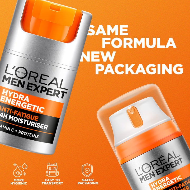 L'Oréal Paris Men Expert Hydra Energetic 24h dagkräm för män motverkar trötthet i en praktisk orange pumpflaska.