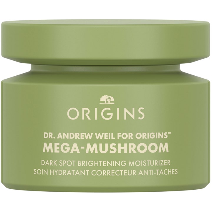 Origins Mega-Mushroom Dark Spot Brightening Moisturizer lystergivande ansiktskräm i en matt olivgrön burk.