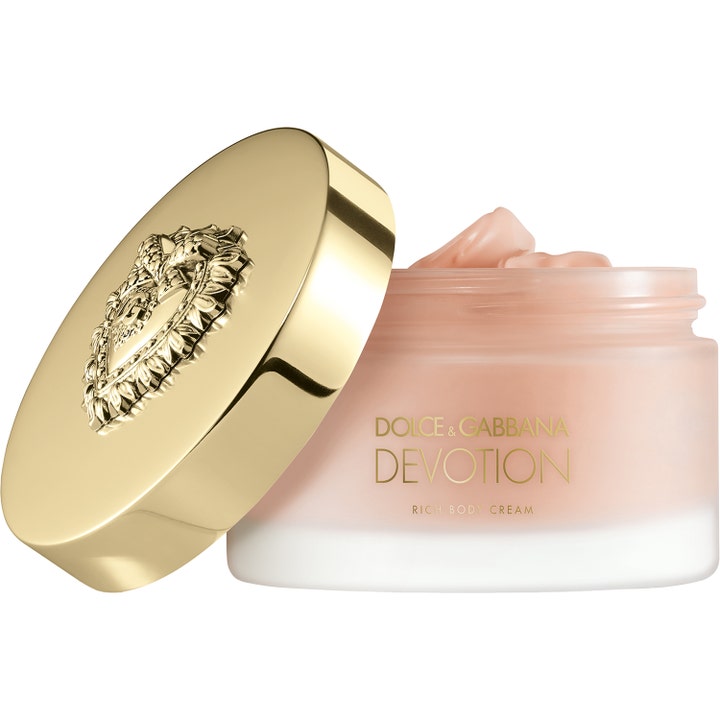 Dolce & Gabbana Devotion Body Cream 180 ml fuktgivande lyxkräm i frostad glasburk med guldlock och persikofärgad textur