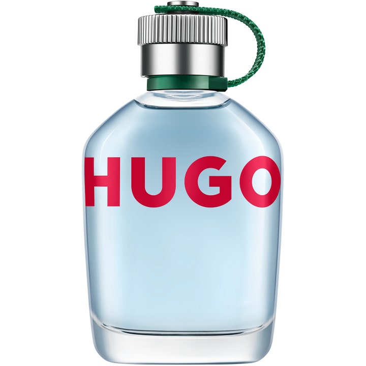 Hugo Boss Hugo Man Eau de Toilette 125 ml parfym i glasflaska med ljusblå vätska och silverlock med grönt band