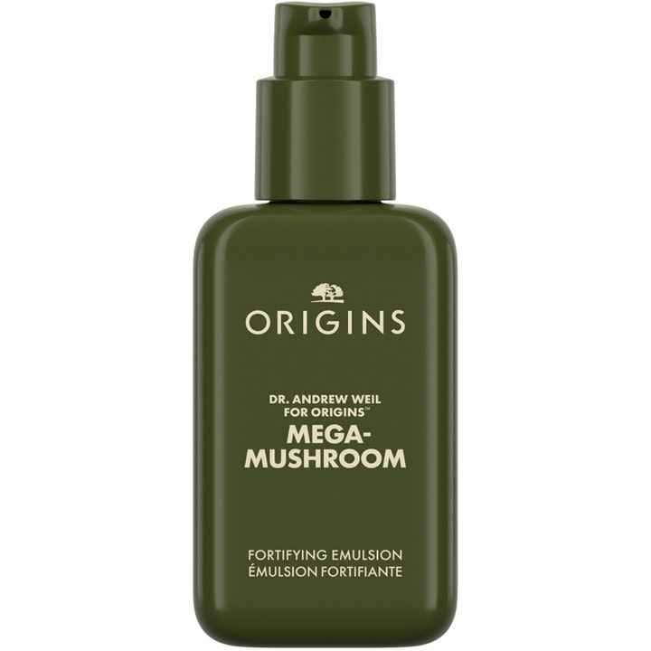 Origins Dr. Weil Mega Mushroom Fortifying Emulsion 100 ml återfuktande dagkräm i mörkgrön flaska med pump