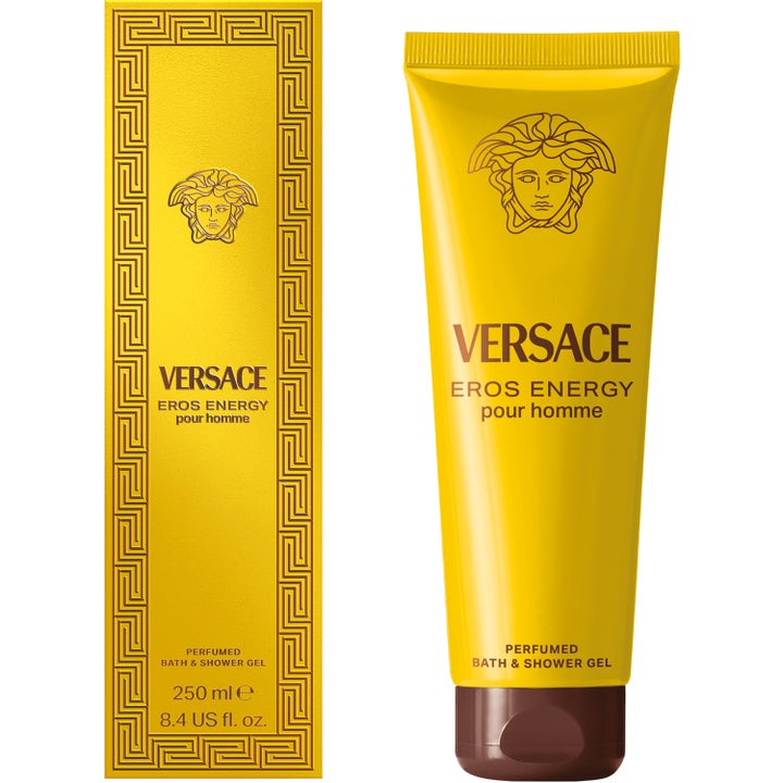 Versace Eros Energy 250 ml energigivande återfuktande duschtvål i en klargul tub och ask med ikonisk Medusa-logga