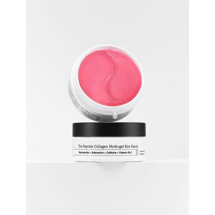 COSRX The Peptide Collagen Hydrogel Eye Patch 60 st K-beauty ögonmask med rosa gel-patches i vit burk med svart lock