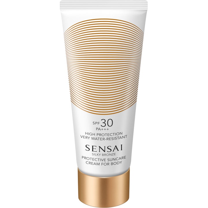 Sensai Silky Bronze Protective Suncare Cream SPF 30 lyxigt solskydd kropp i vit tub med guldlock och cirkelmönster