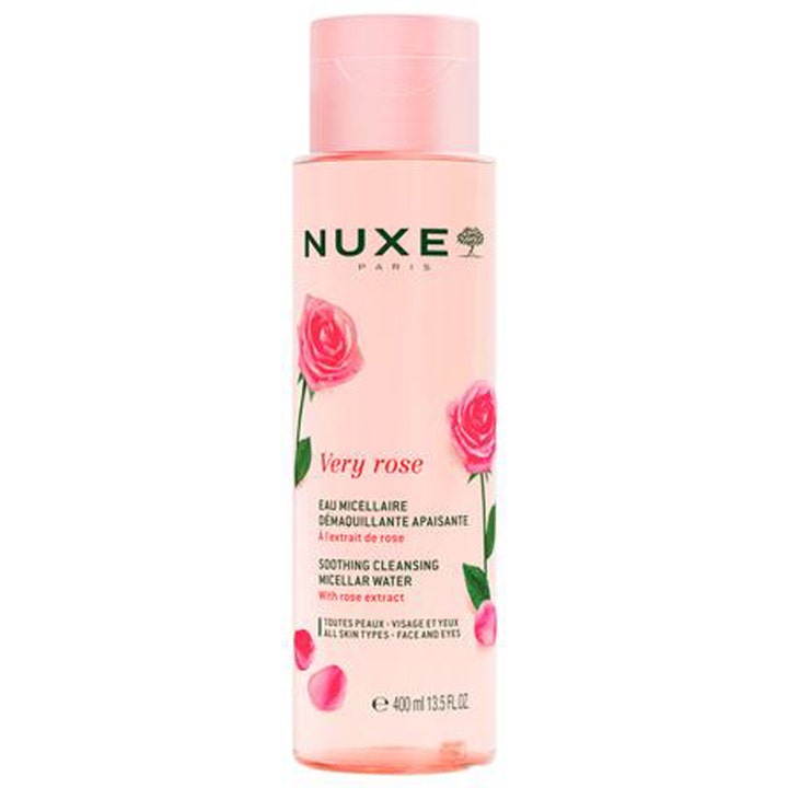 Nuxe Very Rose 400 ml micellärt vatten ger sminkborttagning för känslig hy i en rosa flaska prydd med rosor