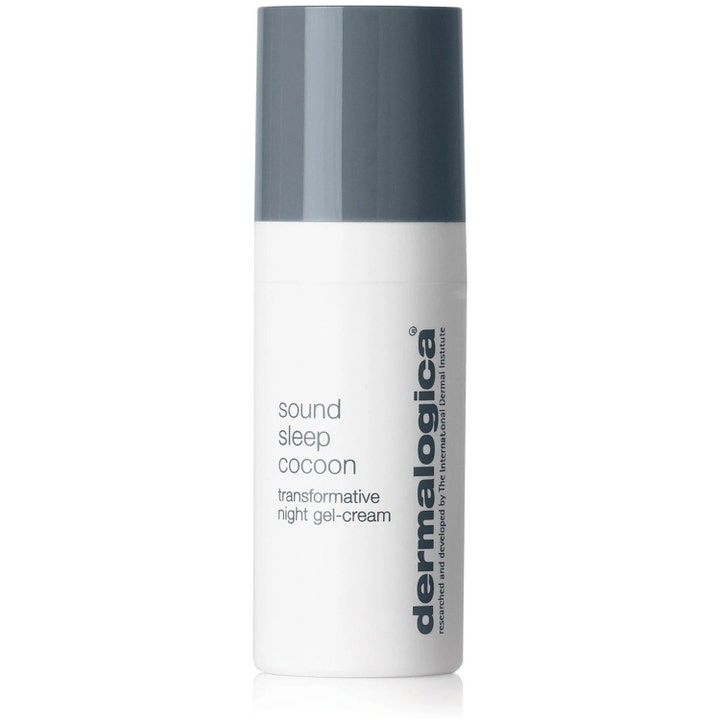Dermalogica Sound Sleep Cocoon återfuktande nattkräm gelkräm i vit cylinderformad flaska med mörkgrått lock.