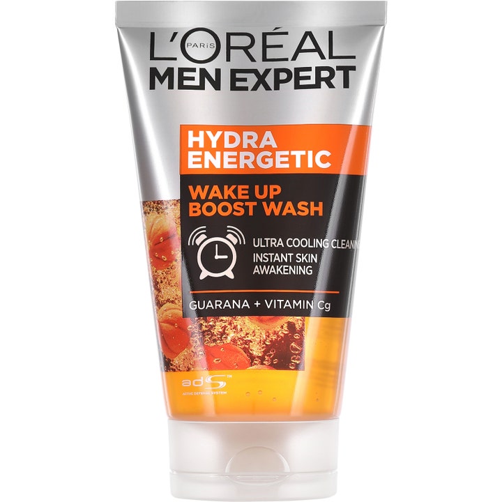 L'Oréal Men Expert Hydra Energetic Wake Up Boost Wash 100ml energigivande ansiktstvätt män i silverfärgad tub med orange gel