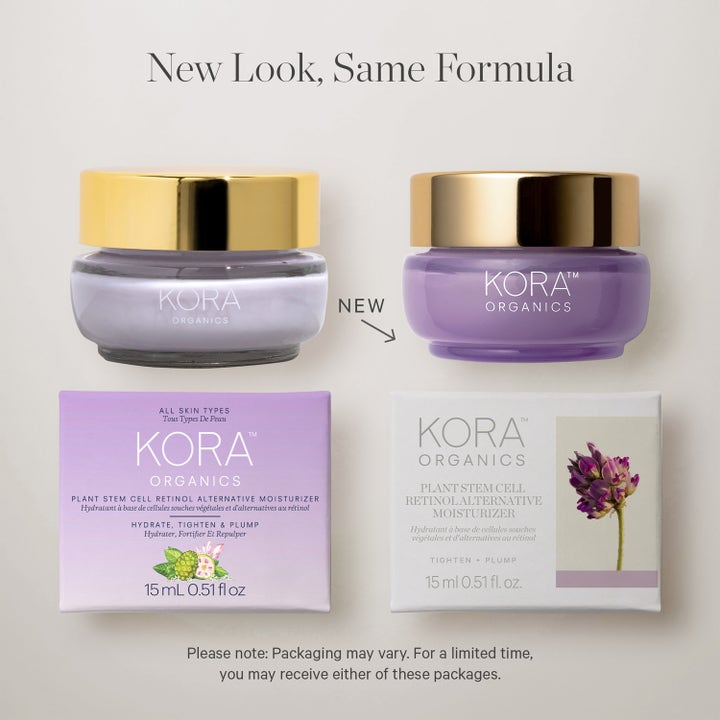 KORA Organics Plant Stem Cell Retinol Alternative Moisturizer 15 ml ansiktskräm som visar ny och gammal design i lila.