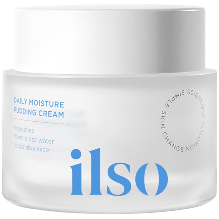 ilso Daily Moisture Pudding Cream 50 ml fuktgivande ansiktskräm för daglig användning i en frostad glasburk med vitt lock.