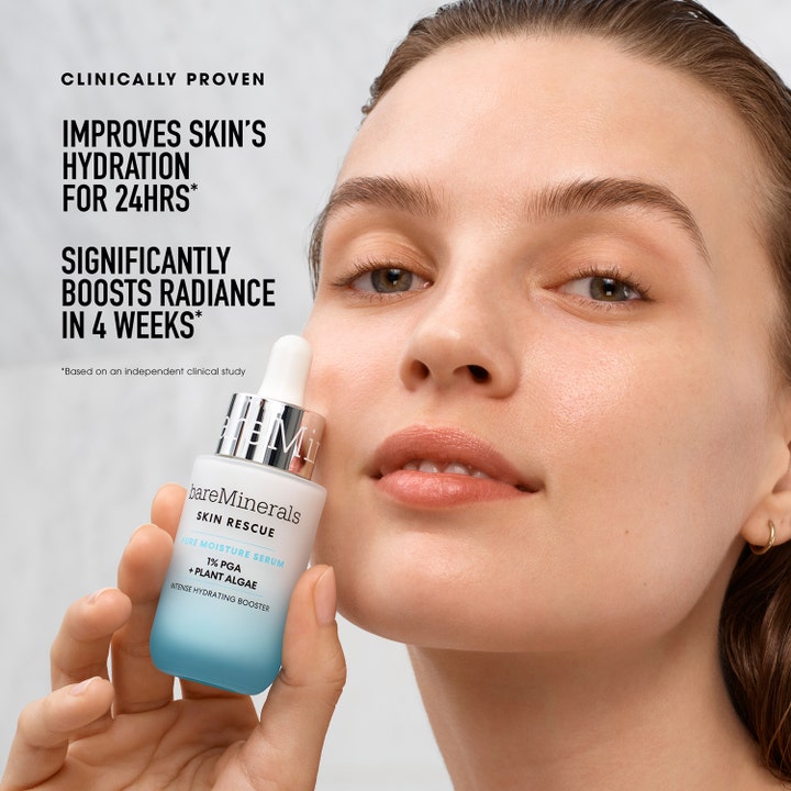 bareMinerals Skin Rescue Pure Moisture Serum 30 ml återfuktande ansiktsserum i blåvit flaska som ger lyster.