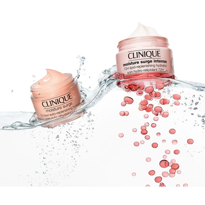 Clinique Moisture Surge Intense 50 ml 72 timmar återfuktande ansiktskräm i burk bland vatten och rosa bubblor