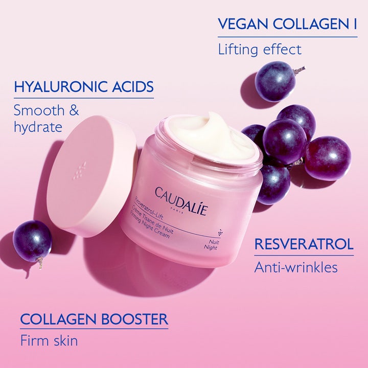 Caudalie Resveratrol-Lift Night Cream 50 ml uppstramande återfuktande nattkräm i rosa glasburk med lila vindruvor.