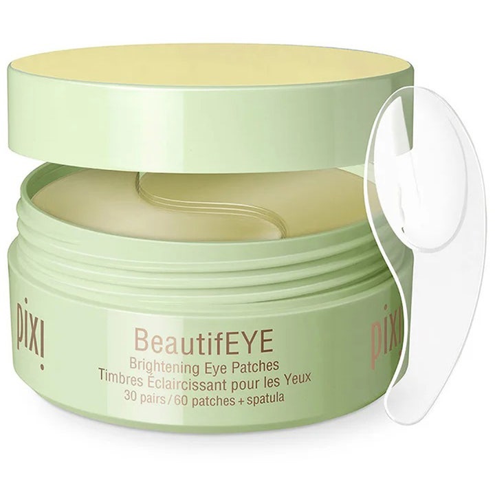 Pixi Beautifeye Hydrogel Under-Eye Patches 60 st uppljusande ögonmask i ljusgrön burk med medföljande spatel.