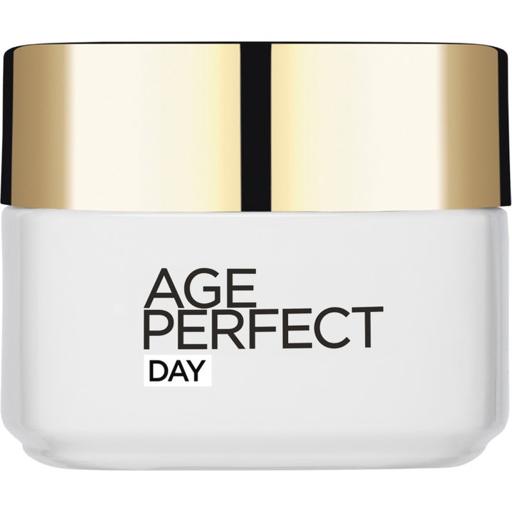 L'Oréal Paris Age Perfect Day anti-aging dagkräm för mogen hud i en vit glasburk med lyxigt guldlock