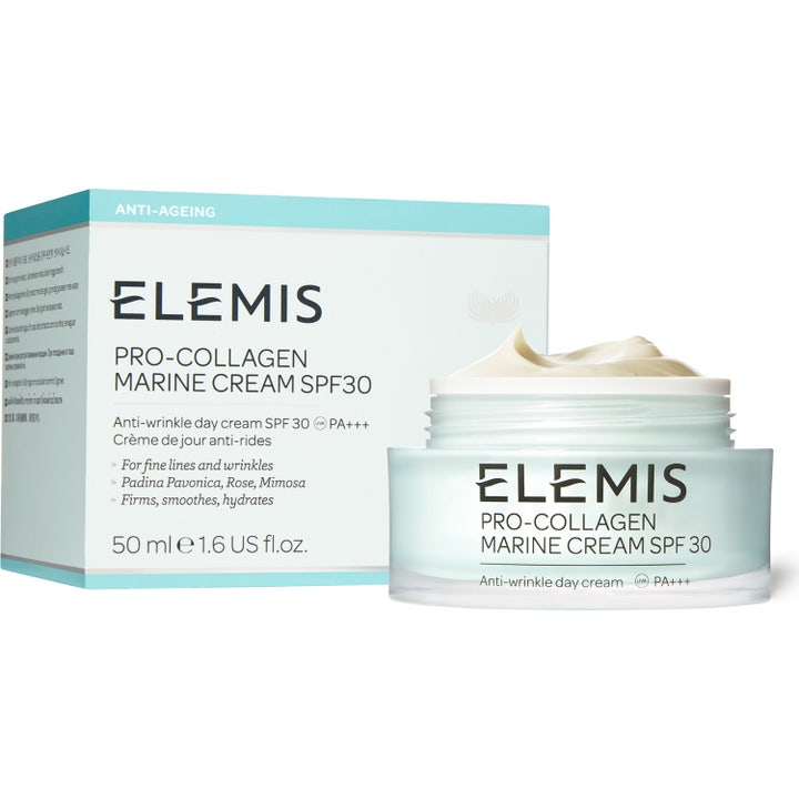 Elemis Pro-Collagen Marine Cream SPF30 50 ml marin ansiktskräm med solskydd i ljusblå glasburk med synlig kräm.