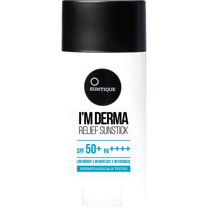 Suntique I'm Derma Relief Sunstick dermatologiskt testat solskydd ansikte spf 50 i vit hylsa med svart lock.