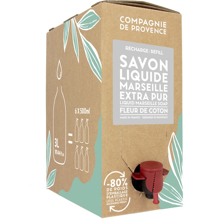 Compagnie de Provence Liquid Marseille Soap 3000 ml flytande tvål refill bomullsblomma i brun kartong med röd tappkran