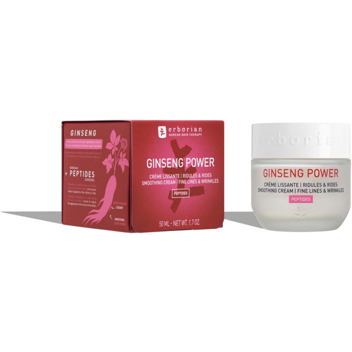 Erborian Ginseng Power 50 ml utjämnande nattkräm i röd ytterförpackning och vit glasburk med peptider