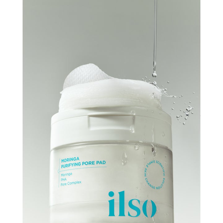 Ilso Moringa Purifying Pore Pad 160 ml rengörande ansiktsmask med fuktiga pads i vit burk med vattendroppar