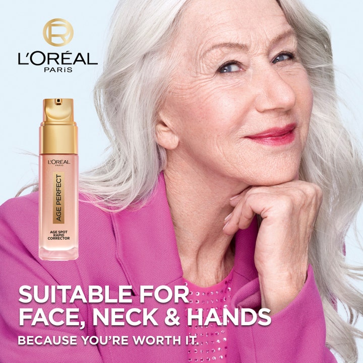 L'Oréal Paris Age Perfect serum mot åldersfläckar i ansiktet 30 ml för mogen hud visas med kvinna i rosa.