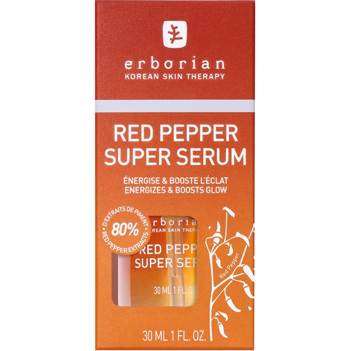 Erborian Red Pepper Super Serum 30 ml lystergivande ansiktsserum i orange ytterförpackning med fönster.