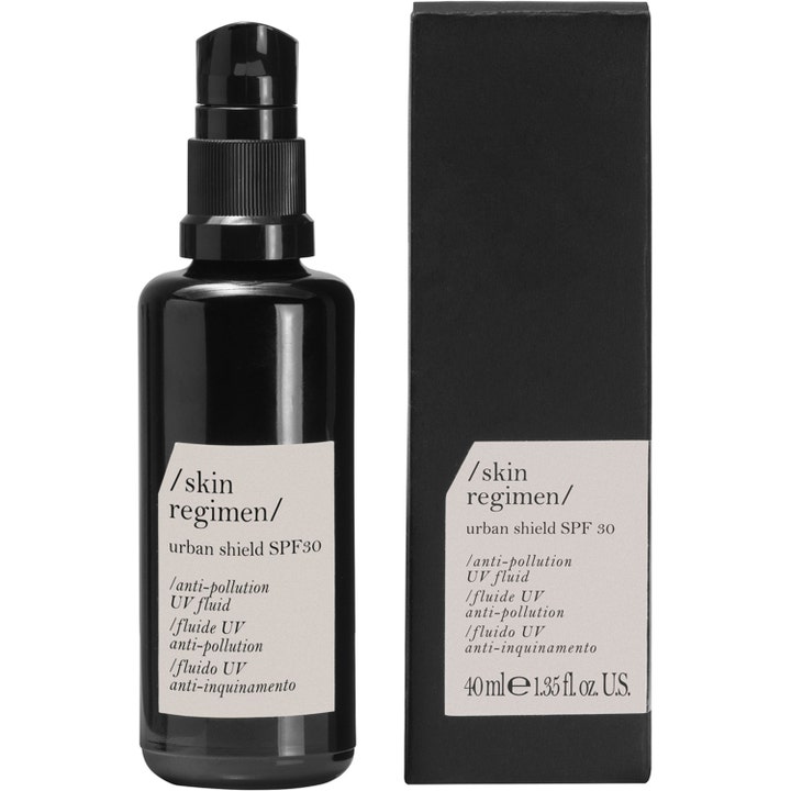 /skin regimen/ urban shield SPF 30 40 ml skyddande UV-fluid i svart pumpflaska och matchande ytterkartong