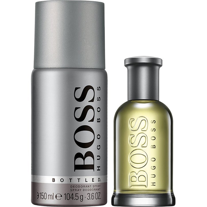 Hugo Boss Boss Bottled Set 30ml och 150ml parfymset för fräschör med silverfärgad deospray och glasflaska med ljusgul vätska