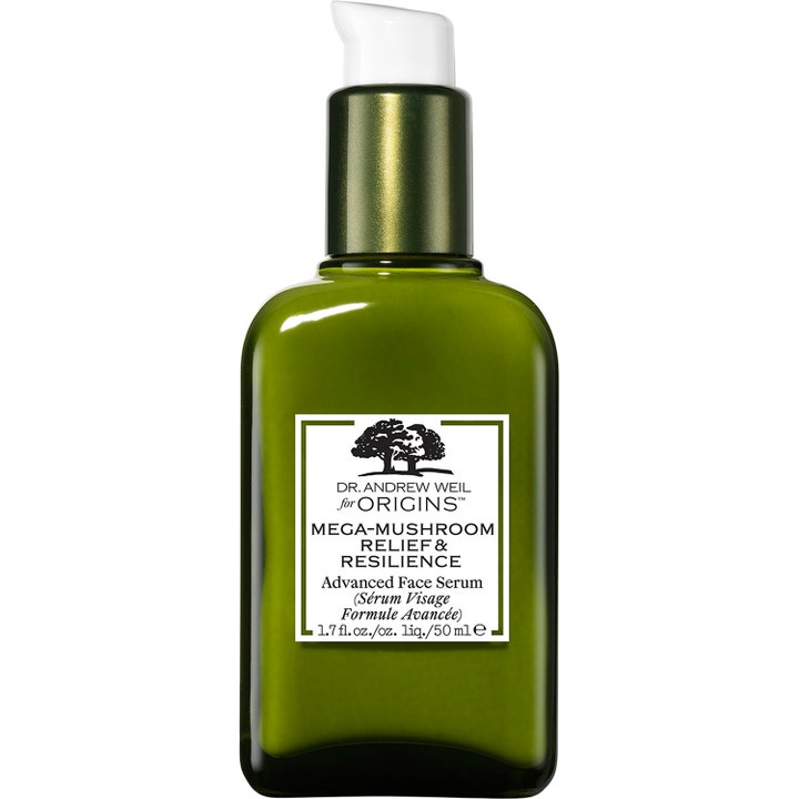Origins Mega-Mushroom Relief &amp; Resilience Serum 50 ml lugnande ansiktsserum i mörkgrön flaska med vit pump