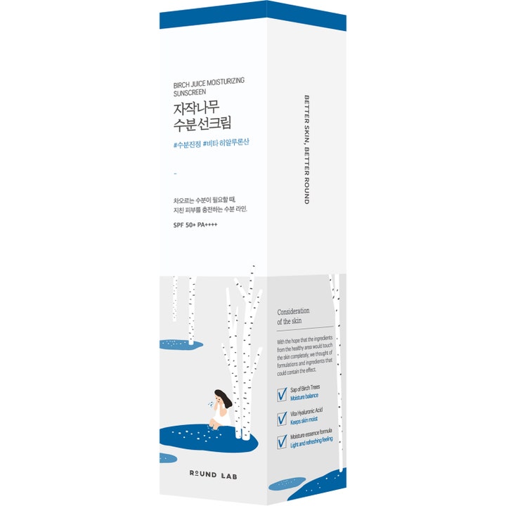 Round Lab Birch Juice Moisturizing Sunscreen 50 ml återfuktande björksaft solskydd ansikte spf 50 i vit kartong.