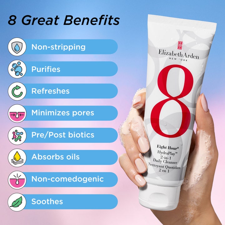 Elizabeth Arden Eight Hour Hydraplay Cleanser 125 ml ansiktsrengöring i vit tub som ger åtta fördelar och visas med skum.