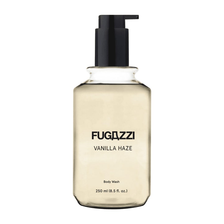 Fugazzi Vanilla Haze 250 ml väldoftande body wash i en stilren transparent flaska med svart pumpmunstycke.
